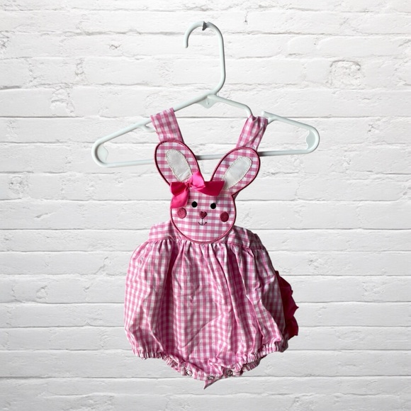 Korie’s Kloset Other - Korie’s Kloset // Pink Gingham Easter Bunny Romper with Tie Back and Ruffle Butt